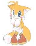  anthro blue_eyes blush breasts canid canine clothing crossgender female footwear fox gloves handwear looking_at_viewer mammal miles_prower plantigrade razy shoes simple_background solo sonic_the_hedgehog_(series) white_background 