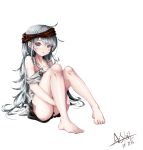  1girl asil bare_legs barefoot blue_hair blush brown_eyes collarbone eyebrows_visible_through_hair g11_(girls_frontline) girls_frontline grey_shirt hair_between_eyes highres legs long_hair looking_at_viewer open_mouth shirt shorts sitting sitting_on_floor solo thighs 