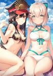  2girls :o ;d ahoge aqua_bow arm_support bangs bare_arms bare_shoulders bikini black_bikini black_hair blonde_hair blue_sky blush bow breasts cleavage collarbone commentary_request day eyebrows_visible_through_hair fate/grand_order fate_(series) frilled_bikini frills grin hair_bow hat headphones headphones_around_neck highres long_hair looking_at_viewer medium_breasts multiple_girls navel nonono oda_nobunaga_(fate)_(all) oda_nobunaga_(swimsuit_berserker)_(fate) okita_souji_(fate)_(all) okita_souji_(swimsuit_assassin)_(fate) one_eye_closed open_mouth outdoors parted_lips peaked_cap reclining red_eyes red_headwear short_hair sitting sky smile stomach swimsuit teeth thighs v very_long_hair white_bikini 