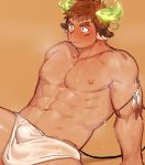  1boy abs animal_ears bangs bara brown_hair bulge chest cowboy_shot facial_hair forked_eyebrows glowing_horns goatee gondom highres horns male_focus manly muscle naked_towel native_american navel nipples pectorals short_hair sideburns solo sweat thick_eyebrows tokyo_houkago_summoners towel wakan_tanka 