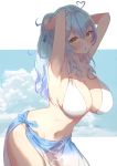  1girl absurdres ahoge armpits arms_up bangs bare_shoulders bikini blue_hair blush breasts cleavage elf eyebrows_visible_through_hair flower hair_between_eyes hair_flower hair_ornament heart_ahoge highres hololive large_breasts long_hair looking_at_viewer navel open_mouth pointy_ears roco_(rocoroco1115) sarong see-through solo stomach swimsuit thighs virtual_youtuber white_bikini yellow_eyes yukihana_lamy 