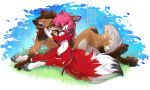  2020 4_toes 5_fingers alpha_channel anthro brown_hair canid canine digital_media_(artwork) digitigrade duo female fingers fox fur grass hair magenta7 male mammal nude open_mouth pink_hair red_body red_fur sitting smile toes tongue 