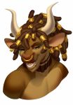  2020 anthro bovid bovine brown_eyes brown_hair cattle digital_media_(artwork) hair headshot_portrait hi_res horn kuroame male mammal open_mouth portrait simple_background solo teeth tongue white_background 