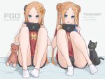  2girls abigail_williams_(fate/grand_order) abigail_williams_(swimsuit_foreigner)_(fate) ankle_socks bangs black_bow black_cat black_shorts blonde_hair blue_eyes blush bow braid braided_bun breasts buster_shirt cat double_bun dual_persona fate/grand_order fate_(series) forehead handheld_game_console holding holding_handheld_game_console knees_up kopaka_(karda_nui) long_hair looking_at_viewer multiple_bows multiple_girls nintendo nintendo_switch orange_bow panties panty_peek parted_bangs playing_games red_shirt shirt shorts sitting socks stuffed_animal stuffed_toy teddy_bear underwear very_long_hair white_panties 