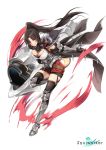  1girl absurdres armor armored_boots armpit_peek bangs black_gloves black_hair black_legwear boots breasts cannon cape cleavage dress elbow_gloves floating_hair full_body gauntlets gloves highres holding iris_yuma knee_boots large_breasts leg_up long_hair looking_at_viewer official_art parted_bangs parted_lips ponytail rainmaker red_eyes simple_background smile solo soul_worker strapless strapless_dress thighhighs v-shaped_eyebrows very_long_hair white_background zettai_ryouiki 