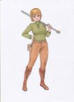  1girl belt blonde_hair boots breasts brown_footwear brown_pants full_body green_eyes green_shirt hand_on_hip holding holding_sword holding_weapon long_sleeves looking_at_viewer medium_breasts nemui333 over_shoulder pants pouch shirt short_hair simple_background sword traditional_media weapon white_background 