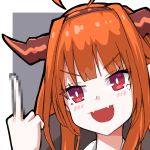  1girl :d ahoge arknights bagpipe_(arknights) bangs blunt_bangs blush brown_hairband censored chain&#039;s commentary eyebrows_visible_through_hair fangs hairband head_tilt highres hololive horns kiryuu_coco looking_at_viewer middle_finger mosaic_censoring open_mouth skin_fangs smile solo v-shaped_eyebrows 