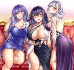  3104_(3104milkshake) 3girls :d ass azuma_(azur_lane) azur_lane bangs bare_shoulders black_gloves blue_dress blush breasts brown_eyes butterfly_hair_ornament couch criss-cross_halter cup dress dunkerque_(azur_lane) gloves hair_between_eyes hair_ornament hair_over_one_eye halterneck hand_in_hair highres holding holding_cup large_breasts long_hair looking_at_viewer multiple_girls open_mouth purple_dress purple_hair red_eyes short_dress side_slit sidelocks silver_hair sitting smile strapless strapless_dress trento_(azur_lane) tube_dress very_long_hair wavy_hair 