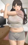  1girl :d bangs black_hair blunt_bangs blurry blurry_background blush breasts grey_shorts highres indoors large_breasts long_hair looking_at_viewer mole_on_stomach navel open_mouth original plump ryokucha_michi see-through short_sleeves shorts smile standing stretch television underwear wet wet_clothes 