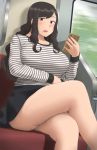  1girl :o black_hair black_skirt breasts brown_eyes cellphone crossed_legs day feet_out_of_frame highres holding holding_phone large_breasts long_hair long_sleeves looking_at_viewer mole mole_on_ass mole_under_mouth original phone plump ryokucha_michi shirt skirt striped striped_shirt thighs train_interior white_shirt 