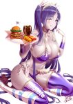  1girl alternate_hairstyle bangs bare_shoulders bikini blush breasts character_name cleavage collarbone cup fate/grand_order fate_(series) food french_fries gloves hamburger highres large_breasts licking_lips long_hair looking_at_viewer maid_headdress minamoto_no_raikou_(fate/grand_order) parted_bangs purple_eyes purple_hair roller_skates sitting skates smile soda swimsuit thighhighs thighs tongue tongue_out twintails uo_denim very_long_hair wariza white_gloves 