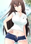  1girl alternate_costume bad_anatomy black_hair black_shorts casual commentary_request cutoffs denim denim_shorts hand_on_hip highres kantai_collection long_hair looking_at_viewer matsuura@parao nagato_(kantai_collection) navel open_fly red_eyes shirt short_shorts shorts solo t-shirt white_shirt 