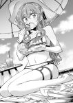  1girl beach_umbrella bikini cloud commentary_request dutch_angle eating food food_on_face gotland_(kantai_collection) greyscale hat highres kantai_collection long_hair looking_at_viewer mismatched_bikini mole mole_under_eye monochrome open_mouth sidelocks sitting sky solo sun_hat swimsuit table umbrella wariza yukiharu 