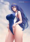  1girl alternate_color artist_name blue_eyes blue_hair breasts competition_swimsuit dakkalot fire_emblem fire_emblem_awakening floating_hair gold_hairband hairband large_breasts long_hair looking_down lucina_(fire_emblem) one-piece_swimsuit pursed_lips sky solo swimsuit 