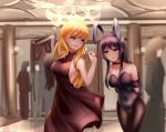  2girls absurdres animal_ears bare_shoulders blonde_hair blue_eyes breasts bunny_ears bunny_girl bunnysuit city closed_mouth collar collarbone dress eyebrows_visible_through_hair green_eyes highres holding holding_leash leash leash_pull lips long_hair looking_away looking_down medium_breasts multiple_girls original purple_hair red_dress restrained slave smile yuri zhadanzhawugui 