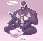  alien black_body blush breasts claws clothing cup dialogue dialogue_box duo fangs female gwen_stacy holding_object human humanoid interspecies love male male/female mammal marvel mask muscular muscular_male open_mouth open_smile romantic_ambiance romantic_couple simple_background smile smutbase spider-gwen suit symbiote venom_(marvel) 