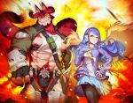  1boy 1girl abs all_seeing_eye angel_wings armor belt black_legwear blue_hair bright_pupils brown_jacket cardigan cellphone cthugha_(tokyo_houkago_summoners) explosion fingerless_gloves fingernails gameplay_mechanics gauntlets gloves grin halo hand_on_hip hand_on_own_chest harness headphones highres jacket jacketbear jockstrap knee_pads leanan_sidhe_(tokyo_houkago_summoners) leggings looking_at_viewer monster_boy muscle neckerchief nipples octopus_boy parted_lips pectorals phone pleated_skirt pouch purple_eyes school_uniform serafuku sharp_fingernails skirt sleeves_past_wrists smartphone smile tentacles tokyo_houkago_summoners underwear walking wings yellow_sclera 