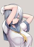  1girl arms_up bangs blue_eyes blue_sailor_collar blush breasts gloves grey_background hair_ornament hair_over_one_eye hairclip hamakaze_(kantai_collection) highres kantai_collection large_breasts neckerchief sailor_collar satou_samu school_uniform serafuku short_hair short_sleeves simple_background smile solo upper_body white_gloves yellow_neckwear 