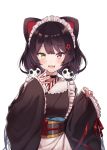  1girl absurdres animal_ears apron bangs black_collar black_hair black_kimono blush collar dog_ears dog_girl dog_hair_ornament eyebrows_visible_through_hair fangs flower frilled_apron frills hair_flower hair_ornament heterochromia highres inui_toko japanese_clothes kimono long_hair long_sleeves looking_at_viewer low_twintails maid_headdress muraco_shogo nijisanji obi open_mouth red_eyes red_flower red_ribbon ribbon sash simple_background sleeves_past_wrists smile solo twintails very_long_hair virtual_youtuber wa_maid waist_apron white_apron white_background wide_sleeves yellow_eyes 