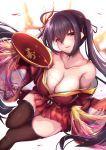  1girl ahoge alcohol azur_lane bangs bare_shoulders black_hair black_legwear blush breasts cleavage collarbone cup eyebrows_visible_through_hair feathers hair_between_eyes hair_ribbon highres holding holding_cup huge_breasts japanese_clothes kimono large_breasts long_hair looking_at_viewer mask mask_on_head off-shoulder_kimono open_mouth pouring_onto_self red_eyes red_kimono ribbon saboten_teishoku sake smile solo taihou_(azur_lane) thighhighs twintails very_long_hair 