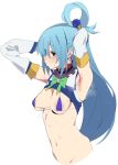  1girl absurdres aqua_(konosuba) areola_slip areolae bangs bikini blue_bikini blue_eyes blue_hair blue_shirt blush bow breasts detached_sleeves green_bow hair_ornament hair_rings highres jikatarou kono_subarashii_sekai_ni_shukufuku_wo! long_hair looking_at_viewer medium_breasts micro_bikini navel orb shirt shirt_lift simple_background sweat swimsuit white_background 