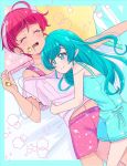  2girls ahoge aqua_eyes aqua_hair bangs blunt_bangs closed_eyes cuddling earrings hagoromo_lala hoshina_hikaru hug jewelry juugoya_neko lying midriff mouth_drool multiple_girls on_back on_bed pajamas pink_shorts pointy_ears precure red_hair ring short_hair shorts star-shaped_pupils star_(symbol) star_twinkle_precure symbol-shaped_pupils thick_eyebrows 