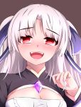  1girl absurdres artia bangs blush breasts cleavage cleavage_cutout eyebrows_visible_through_hair fang fangs gem hair_ornament hair_ribbon highres hololive hololive_china large_breasts long_hair looking_at_viewer open_mouth parted_bangs pugpuggy red_eyes ribbon smile solo tongue very_long_hair virtual_youtuber white_hair 