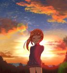  1girl backlighting bangs blue_sky brown_hair closed_eyes cloud cloudy_sky commentary eyebrows_visible_through_hair facing_viewer forest gradient_sky hands_in_pockets jacket lens_flare long_hair long_sleeves mountain nature open_mouth orange_sky outdoors ponytail saki saki_achiga-hen shibugaki sky smile solo standing sunset takakamo_shizuno track_jacket wind 