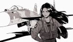  1girl ace_combat ace_combat_04 aircraft airplane black_hair collarbone fighter_jet hand_on_hip holding jet long_hair looking_to_the_side md5_mismatch military military_vehicle monochrome patch pilot pilot_helmet pilot_suit resolution_mismatch shadow signature skyleranderton solo source_larger standing su-37 yellow_4 