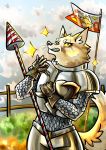  absurd_res anthro armor canid canine card chain corsac_fox fennefox field flag fluffy fox fur headgear helmet hi_res knight male mammal metal portrait pose solo star warrior yellow_body yellow_fur 