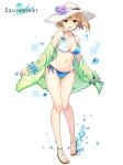  1girl :d artist_request bare_legs bare_shoulders bikini blonde_hair blue_bikini breasts brown_eyes cleavage collarbone flower full_body green_jacket haru_estia hat hat_flower highres jacket large_breasts looking_at_viewer navel off_shoulder official_art open_clothes open_jacket open_mouth sandals see-through short_hair side-tie_bikini smile solo soul_worker stomach string_bikini sun_hat swimsuit thighs two-tone_bikini water white_background white_headwear 