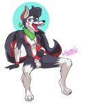  anthro astro_the_wolf balls bandanna bodily_fluids canid canine canis digital_media_(artwork) drooling erection full-length_portrait genitals hi_res intersex intersex/male kerchief knot male mammal penis portrait saliva solo suggestive teeth unknown_artist wolf 