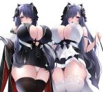 1girl 2girls absurdres august_von_parseval_(azur_lane) august_von_parseval_(the_conquered_unhulde)_(azur_lane) azur_lane black_horns black_legwear breasts cleavage cleavage_cutout clothing_cutout dragon_horns dress g3_(g310b3) hair_over_one_eye highres horns huge_breasts legs_together maid multiple_girls one_eye_covered panties panty_peek plump short_dress thick_thighs thighhighs thighs underwear white_legwear 