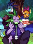  2020 against_tree aged_up anthro bottomwear breasts clothing crossed_arms dragon eyes_closed female friendship_is_magic grass hasbro hi_res jacket male my_little_pony open_mouth pants princess_ember_(mlp) scalie smile smolder_(mlp) spike_(mlp) topwear traupa tree 