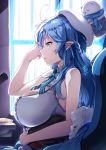  1girl bangs bare_shoulders blue_hair braid breasts chair cleavage collared_shirt commentary_request curtains daifuku_(yukihana_lamy) elf from_side highres hololive huge_breasts large_breasts long_hair muneshiro_(hitsuji_kikaku) pointy_ears shirt sidelocks sitting virtual_youtuber white_headwear window yellow_eyes yukihana_lamy 