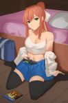  1girl 4hnyu bed bed_sheet bedroom black_legwear blue_skirt brown_hair controller doki_doki_literature_club feet game_console green_eyes highres image_sample jewelry long_hair monika_(doki_doki_literature_club) navel necklace no_shoes pillow ponytail ribbon room shirt sitting sitting_on_floor skirt solo thighhighs thighs tied_hair top twitter_sample white_ribbon white_shirt 