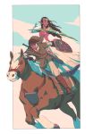  1boy 1girl alternate_hairstyle alternate_skin_color bow_(weapon) brown_eyes brown_hair dark_skin epona hairlocs highres holding holding_bow_(weapon) holding_shield holding_weapon holstered_weapon horse horseback_riding link looking_up parted_lips princess_zelda riding shield the_legend_of_zelda the_legend_of_zelda:_twilight_princess thick_lips weapon wynton_redmond 