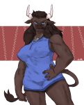  annoyed anthro big_breasts blue_eyes bovid bovine breasts brown_body brown_fur buta99 clothed clothing dress european_mythology female fur greek_mythology hair hi_res horn_rings jewelry looking_at_viewer mammal minotaur mythology necklace nihea_avarta nipple_outline short_dress sleeveless_dress solo tail_tuft tuft 