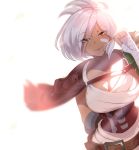  1girl arm_behind_back backlighting bandaged_arm bandages bandaid bandaid_on_face belt breasts brown_eyes capelet cleavage commentary corset dark_skin english_commentary highres large_breasts league_of_legends light_smile lips looking_at_viewer loose_belt nyantcha redesign riven_(league_of_legends) short_hair silver_hair single_pauldron solo upper_body wind wind_lift 