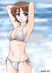  1girl akaboshi_koume armpits arms_behind_head arms_up bangs bikini blue_eyes breasts brown_hair cleavage commentary cowboy_shot girls_und_panzer groin highres looking_at_viewer medium_breasts navel nspa_(spa-jcs) open_mouth short_hair side-tie_bikini solo standing string_bikini swimsuit twitter_username wavy_hair white_bikini 