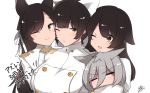  4girls absurdres animal_ears atago_(azur_lane) azur_lane black_hair bow breasts chiru_(218mg) choukai_(azur_lane) commentary_request eyebrows_visible_through_hair grey_hair hair_between_eyes highres large_breasts long_hair maya_(azur_lane) multiple_girls ponytail scarf school_uniform short_hair siblings silver_hair skirt takao_(azur_lane) translation_request yellow_eyes 