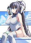  1girl bare_shoulders big_wednesday black_hair blue_eyes blue_sky bottle bow breasts cloud covered_navel green_bow hair_ribbon high_ponytail highres infinite_stratos large_breasts leotard long_hair looking_at_viewer pilot_suit ponytail ribbon shinonono_houki shiny shiny_hair sitting sky solo split_ponytail thighhighs water_bottle white_legwear white_leotard 