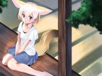 1girl alternate_costume animal_ears bare_legs barefoot between_legs blonde_hair blue_skirt casual commentary extra_ears eyebrows_visible_through_hair fennec_(kemono_friends) fox_ears fox_girl fox_tail hand_between_legs highres kemono_friends kinou_no_shika looking_at_viewer multicolored_hair plaid plaid_skirt pleated_skirt shirt short_hair short_sleeves sitting skirt solo striped striped_shirt symbol_commentary t-shirt tail v-neck wariza white_hair white_shirt 