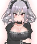  1girl absurdres argule0901 black_choker black_dress black_ribbon breasts choker collarbone covered_nipples crossed_arms dress drill_hair frilled_choker frilled_ribbon frills grey_hair hair_ribbon highres idolmaster idolmaster_cinderella_girls kanzaki_ranko large_breasts long_sleeves looking_at_viewer medium_hair no_bra purple_eyes ribbon solo twin_drills 