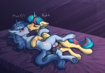  2020 balls bed blue_body blue_fur blue_mane blue_tail blush chastity_cage chastity_device conicaw cutie_mark duo ears_back embrace equid equine eyes_closed fan_character feral feral_on_feral fur furniture genitals half-closed_eyes hasbro hi_res highlights_(coloring) horn kissing lying male male/male mammal mane markings moan my_little_pony narrowed_eyes on_bed open_mouth penis phenyanyanya pivoted_ears precum_drip red_highlights simple_background sound_effects tan_body tan_fur tongue tongue_out underhoof unicorn 