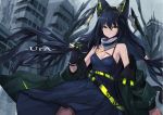  1girl animal_ears black_hair breasts cleavage collarbone dress ear_ornament eyebrows_visible_through_hair fox_ears fox_girl gloves hair_between_eyes long_hair looking_at_viewer low_twintails medium_breasts original shoulders tagme twintails yellow_eyes yoshizawa_tsubaki 