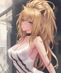  1girl animal_ears arknights artist_name bangs bare_arms bare_shoulders black_choker blonde_hair blurry blurry_background breasts chihunhentai choker cleavage collarbone commentary depth_of_field fang hair_between_eyes high_ponytail large_breasts lion_ears lion_girl long_hair looking_at_viewer messy_hair parted_lips see-through sidelocks siege_(arknights) sleeveless smile solo tank_top upper_body very_long_hair watermark white_tank_top yellow_eyes 