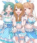  3girls bangs bare_shoulders blue_dress blue_shorts blue_skirt bow_hairband breasts brown_hair chiri_(ch!) cleavage cowboy_shot detached_sleeves dress frilled_skirt frills green_hair hairband idol idolmaster idolmaster_million_live! jewelry light_brown_hair long_hair medium_breasts miyao_miya multiple_girls my_pace_unit navel necklace open_mouth polka_dot polka_dot_dress ponytail puffy_short_sleeves puffy_sleeves short_sleeves shorts simple_background skirt sleeveless smile standing tenkuubashi_tomoka thighs tokugawa_matsuri white_background 