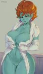  1girl areola_slip areolae blue_skin breasts commentary curvy dragon_ball dragon_ball_z earrings elbow_gloves fur_coat gloves highres jewelry large_breasts looking_at_viewer navel nude orange_hair pointy_ears princess_snake pussy shexyo short_hair signature solo wide_hips 