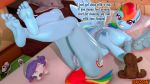  16:9 3d_(artwork) 4k absurd_res anthro anthrofied bed big_breasts blush bodily_fluids breasts dialogue digital_media_(artwork) english_text equid equine female friendship_is_magic furniture genital_fluids genitals hasbro hi_res holding_breast lying mammal my_little_pony nipples nude on_back pegasus plushie pussy pussy_juice rainbow_dash_(mlp) rarity_(mlp) solo text trailssfm widescreen wings 